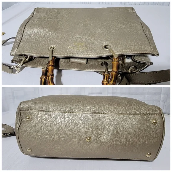 GUCCIMetallic Pebbled Calfskin Medium Bamboo Shopper Tote Golden Beige - Picture 10 of 14